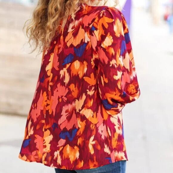 New Burgundy Floral Abstract Print V Neck Smocked Top‎ 3X - Picture 6 of 8